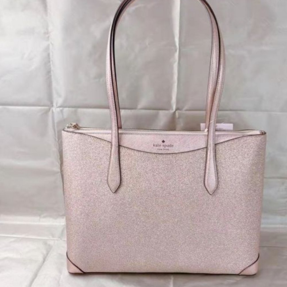 NWT Kate Spade Large Glitter Fabric Tote In Rose Gold